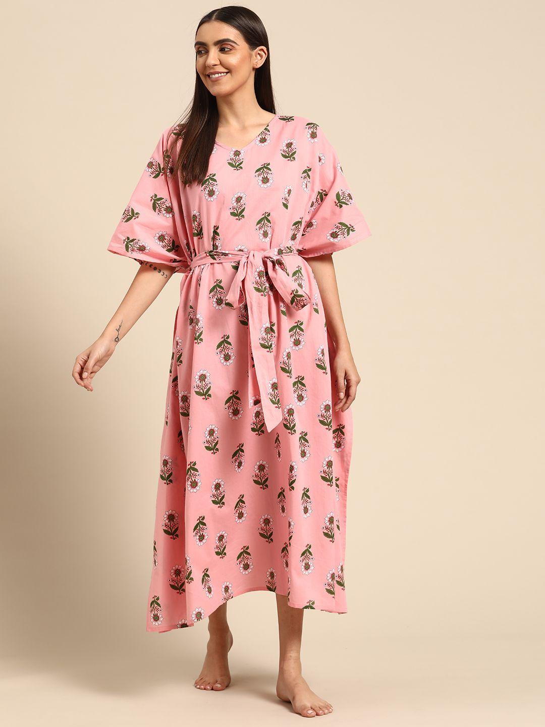 prakrti pink & green floral print pure cotton kaftan nightdress