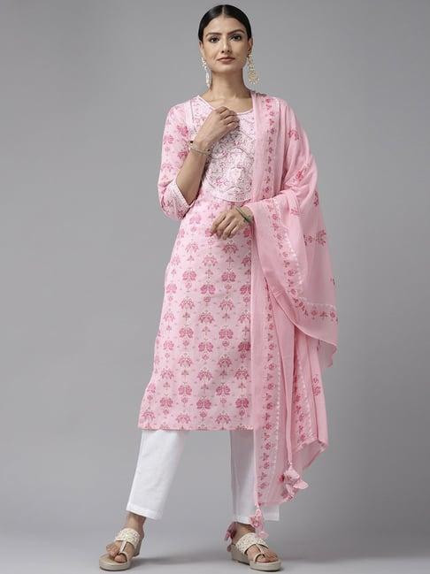 prakrti pink & white cotton printed kurta pant set with dupatta