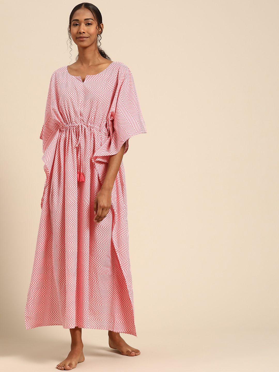 prakrti pink & white pure cotton chevron printed kaftan maxi nightdress
