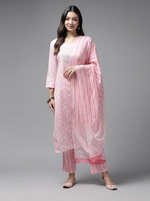 prakrti pink cotton printed kurta with pant & dupatta