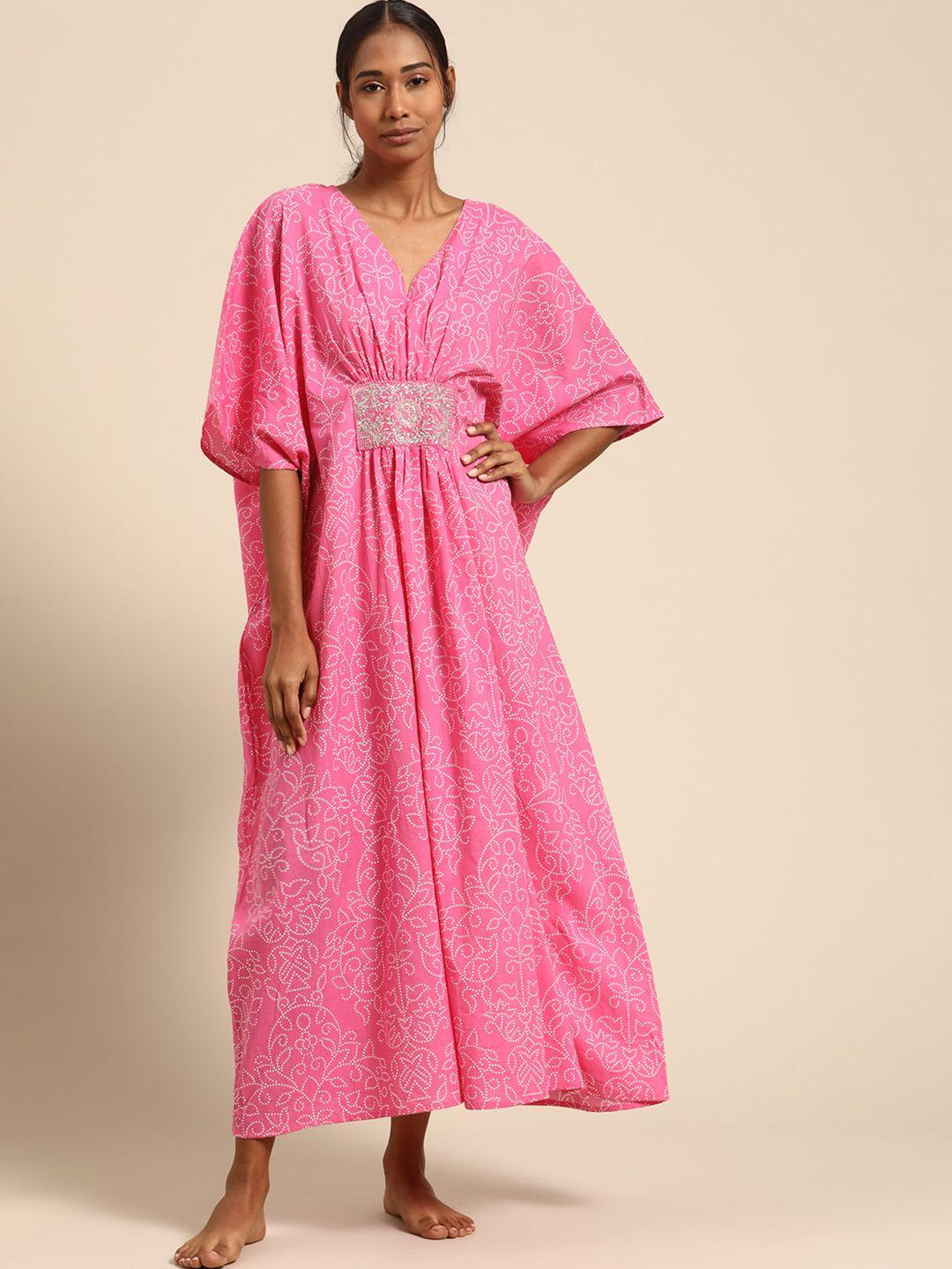 prakrti pink pure cotton bandhani print embroidered kaftan maxi nightdress