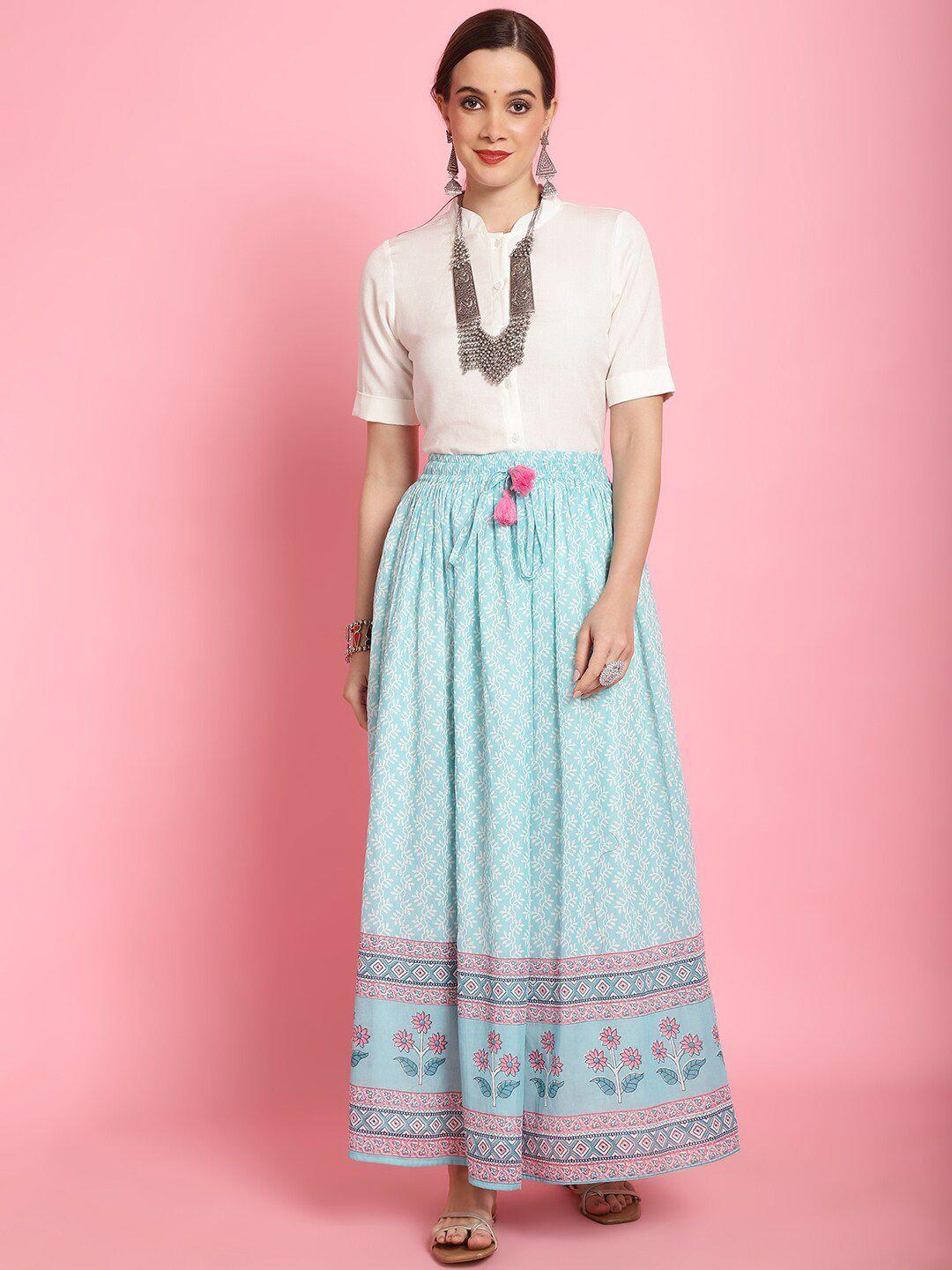 prakrti printed mandarin collar pure cotton shirt & skirt