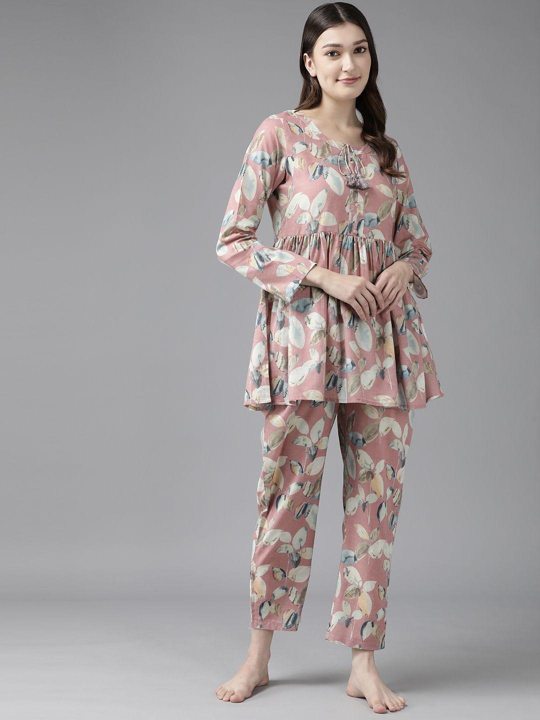 prakrti rose & white pure cotton floral print pyjama set
