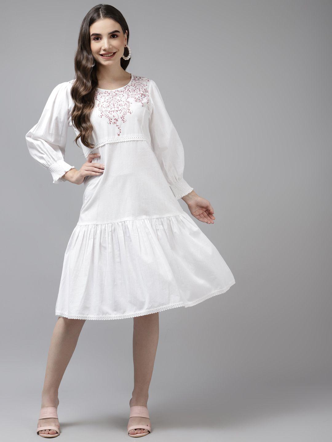 prakrti white ethnic motifs embroidered pure cotton a-line midi dress