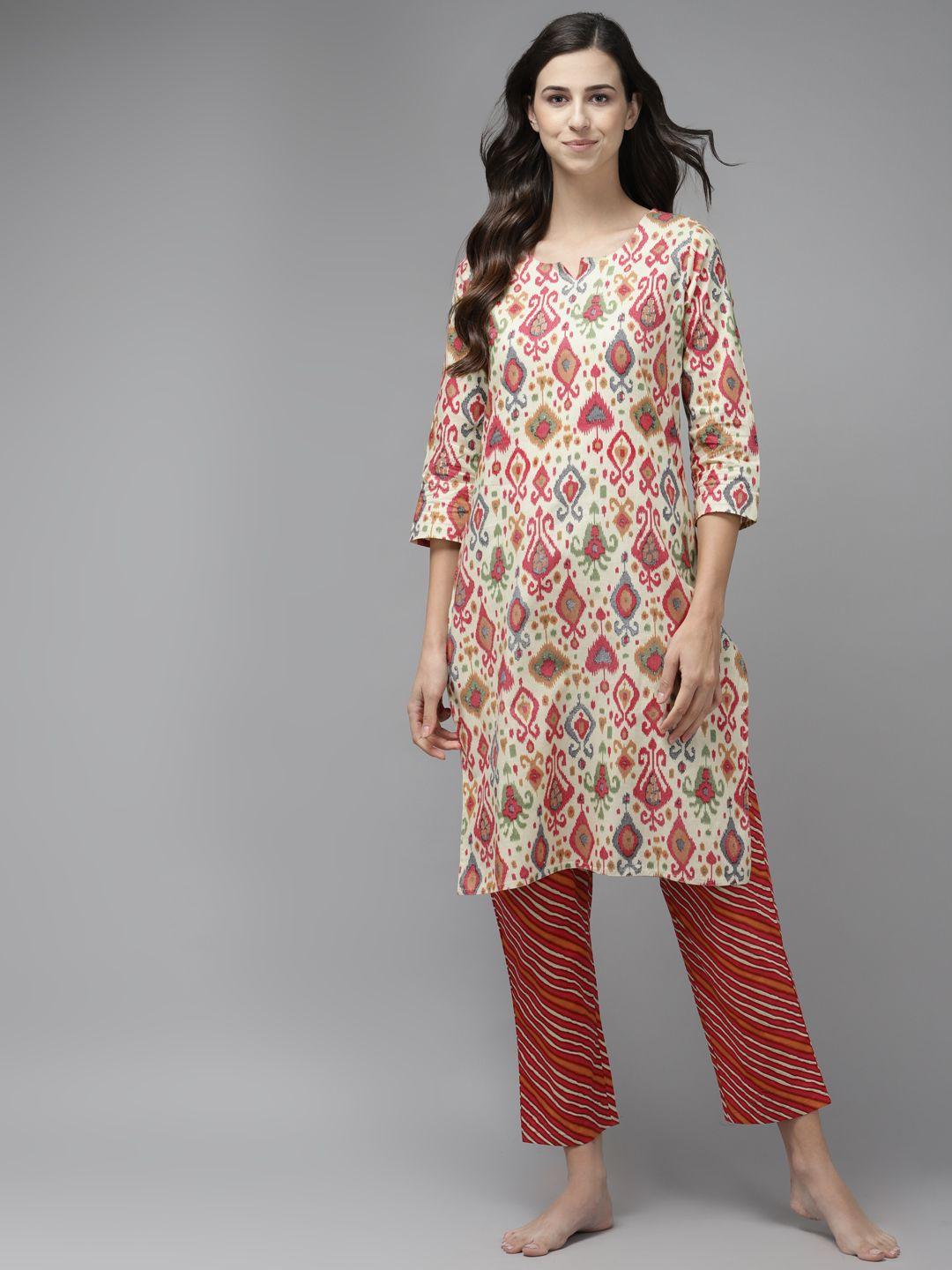 prakrti women beige & pink printed cotton night suit