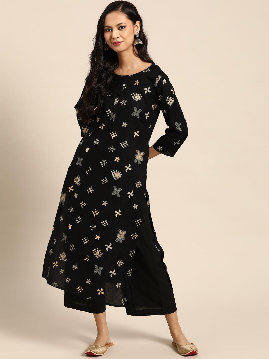 prakrti women black & beige ethnic motifs handblock print straight kurta