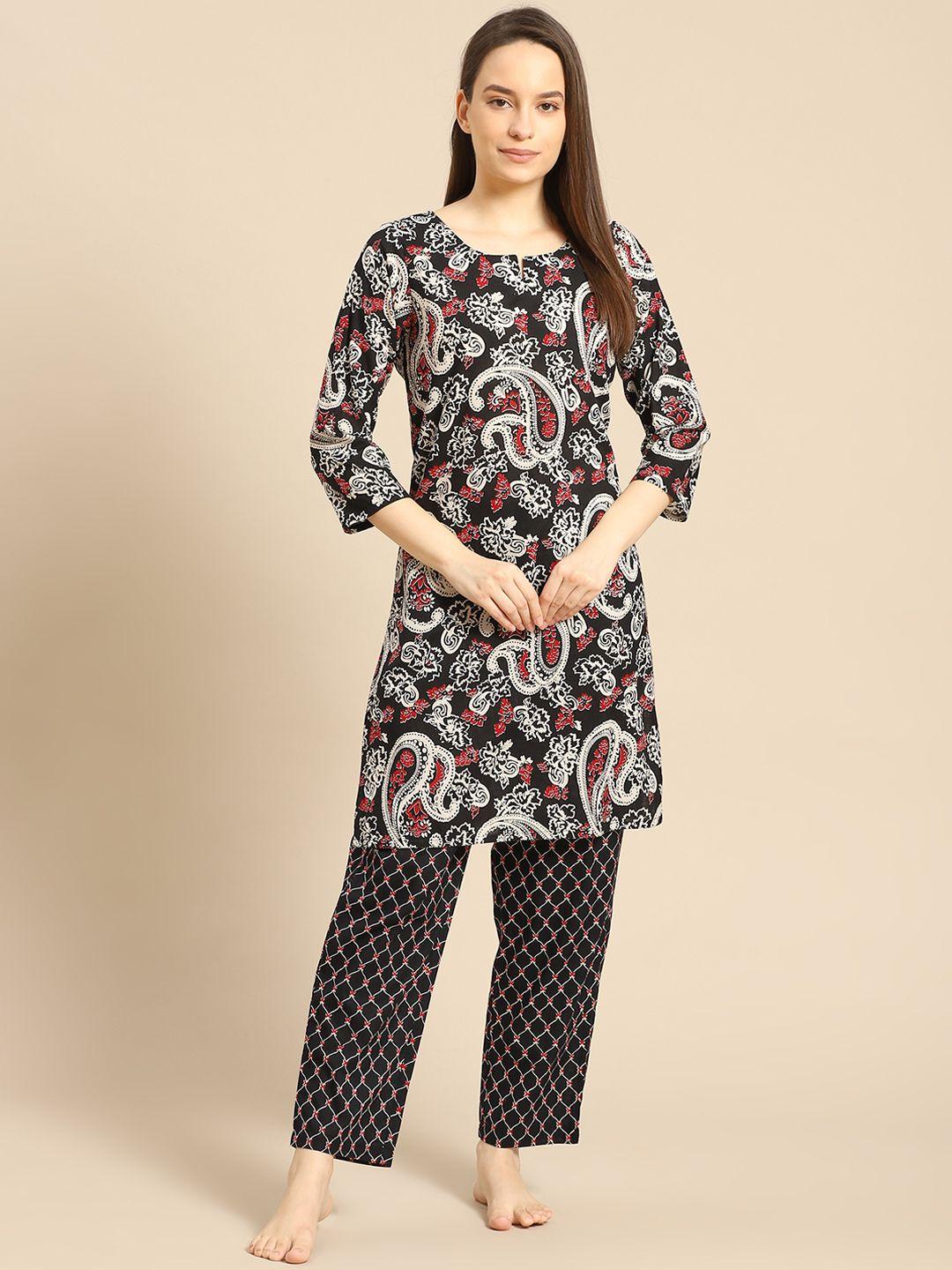 prakrti women black & red ethnic motifs printed pure cotton night suit