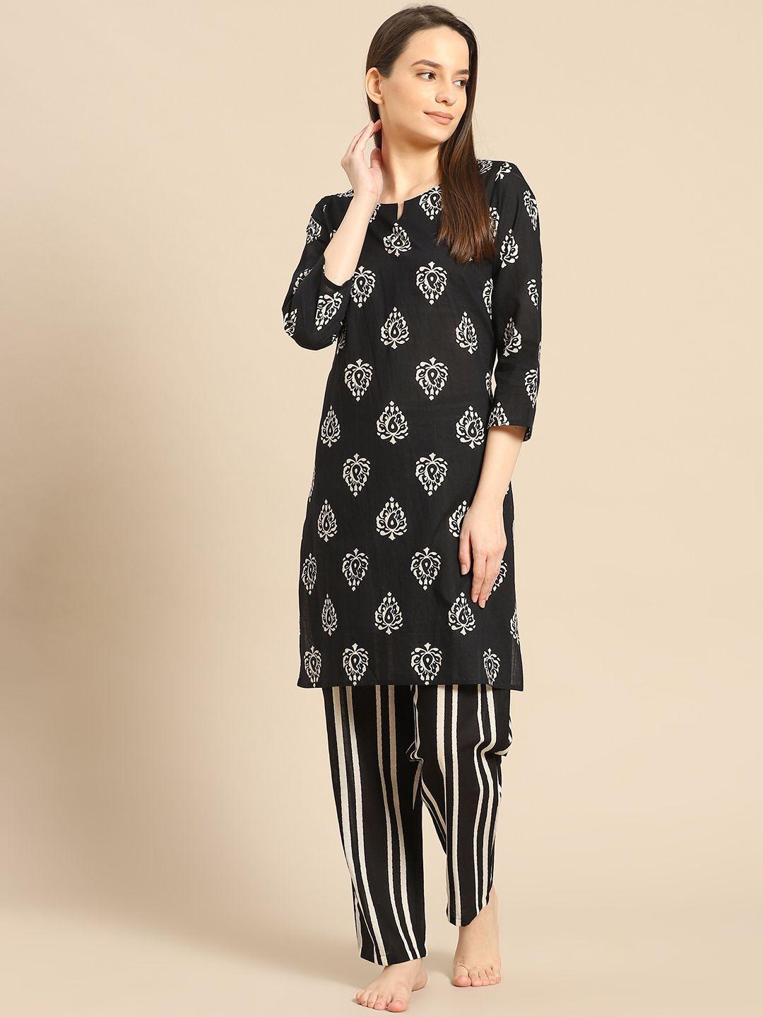 prakrti women black & white ethnic printed pure cotton night suit