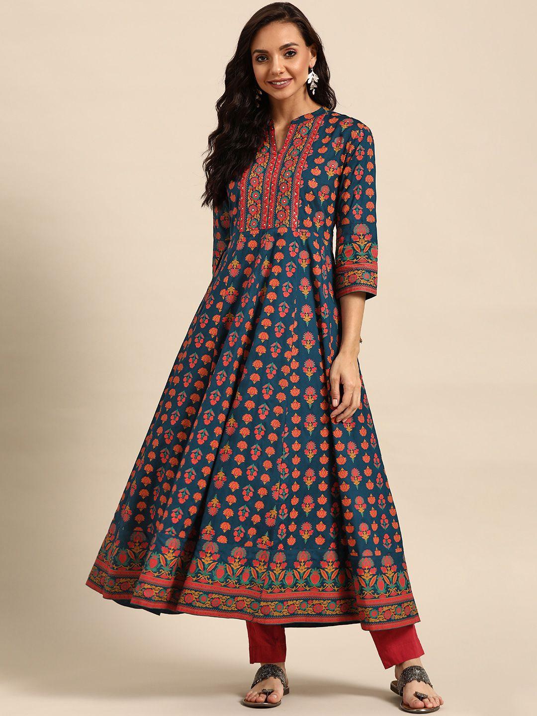 prakrti women blue & orange ethnic motifs printed hand block print anarkali kurta