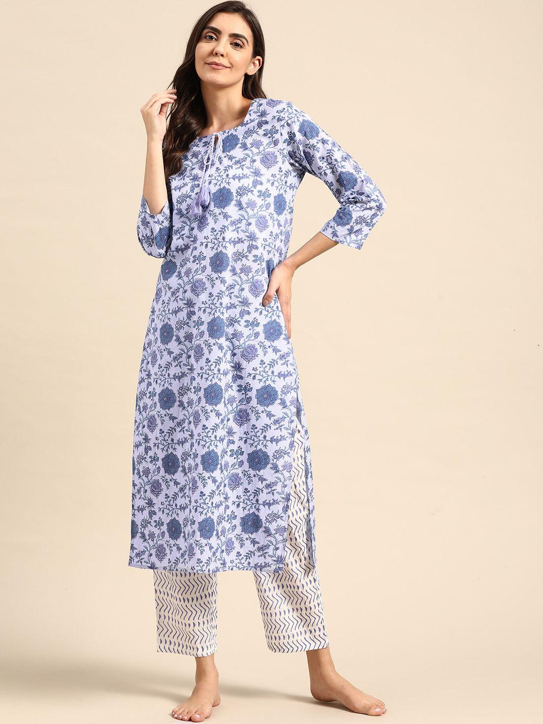 prakrti women blue & white printed cotton night suit