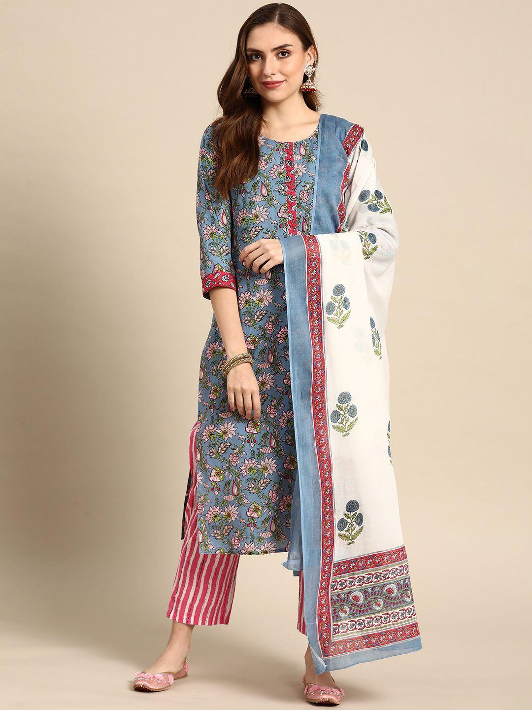 prakrti women blue pure cotton ethnic motifs printed kurta with trousers & dupatta