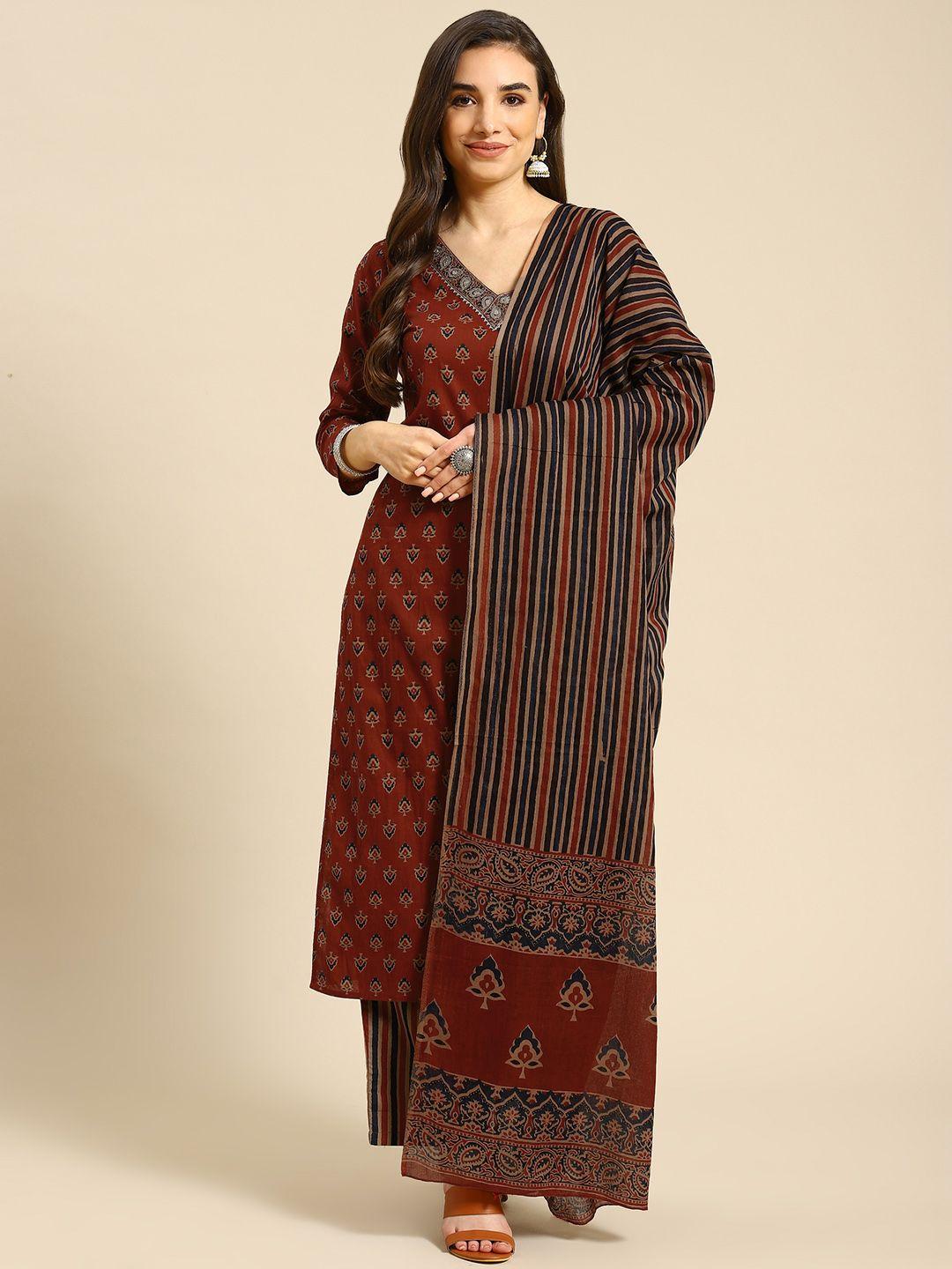 prakrti women brown & navy blue ethnic motifs print cotton kurta with trousers & dupatta