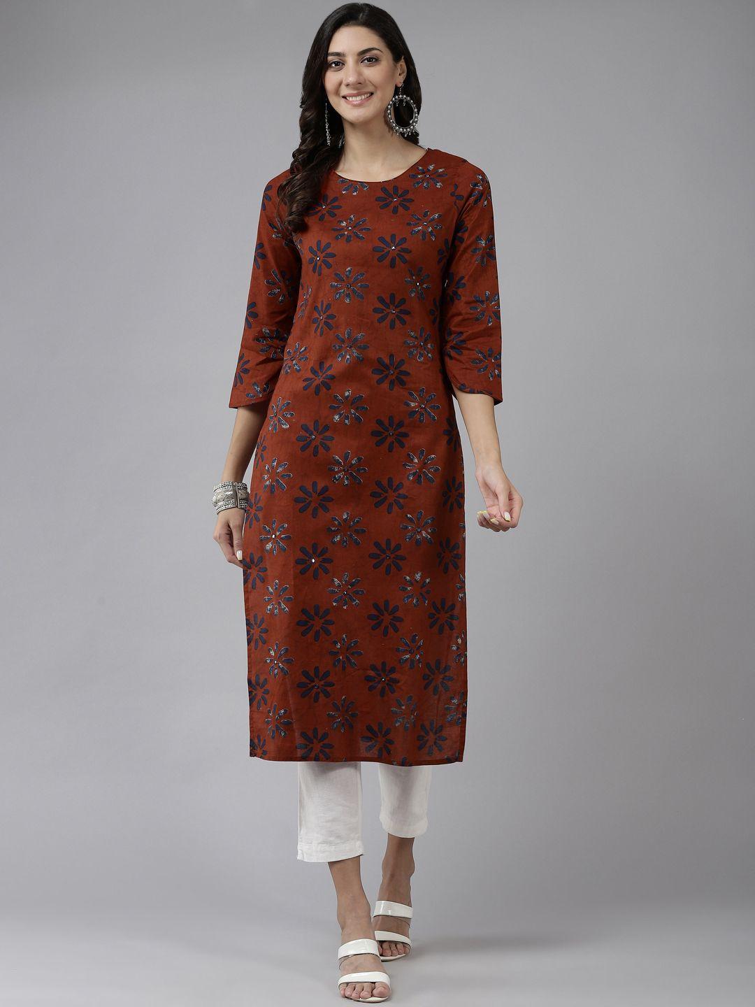 prakrti women brown floral printed cotton kurta