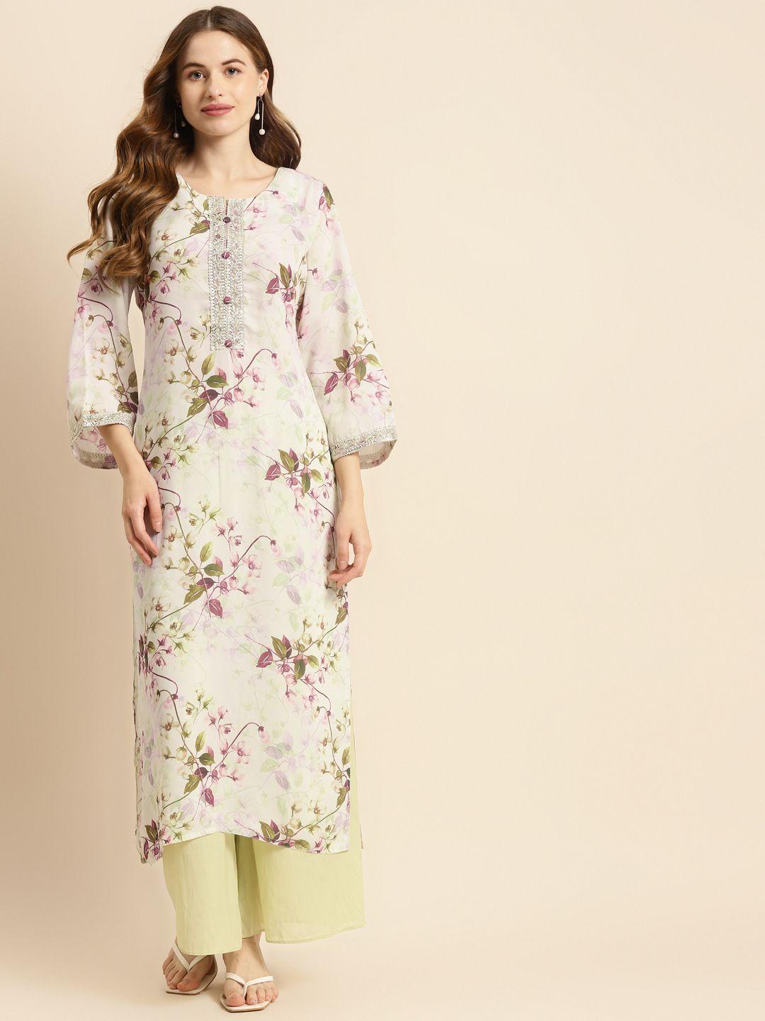 prakrti women cream-coloured & pink floral print gotta patti kurta