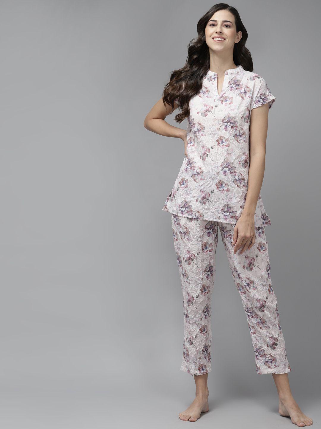 prakrti women cream-coloured printed cotton pyjama set