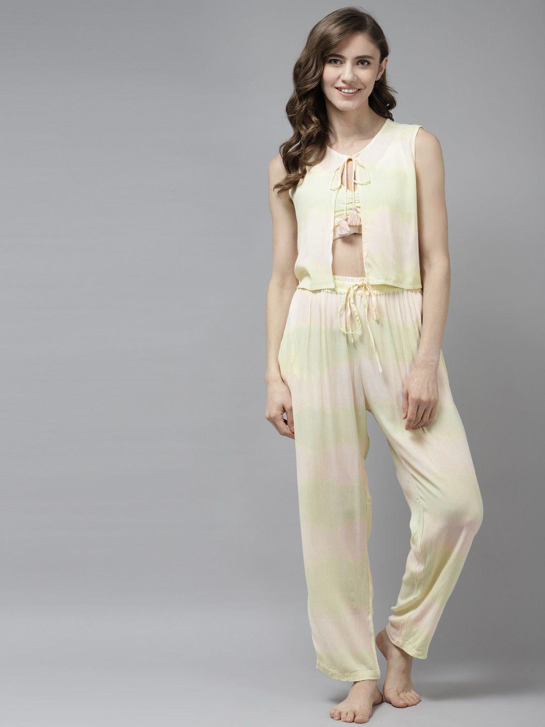 prakrti women cream-coloured tie & dye printed 3 piece night suit