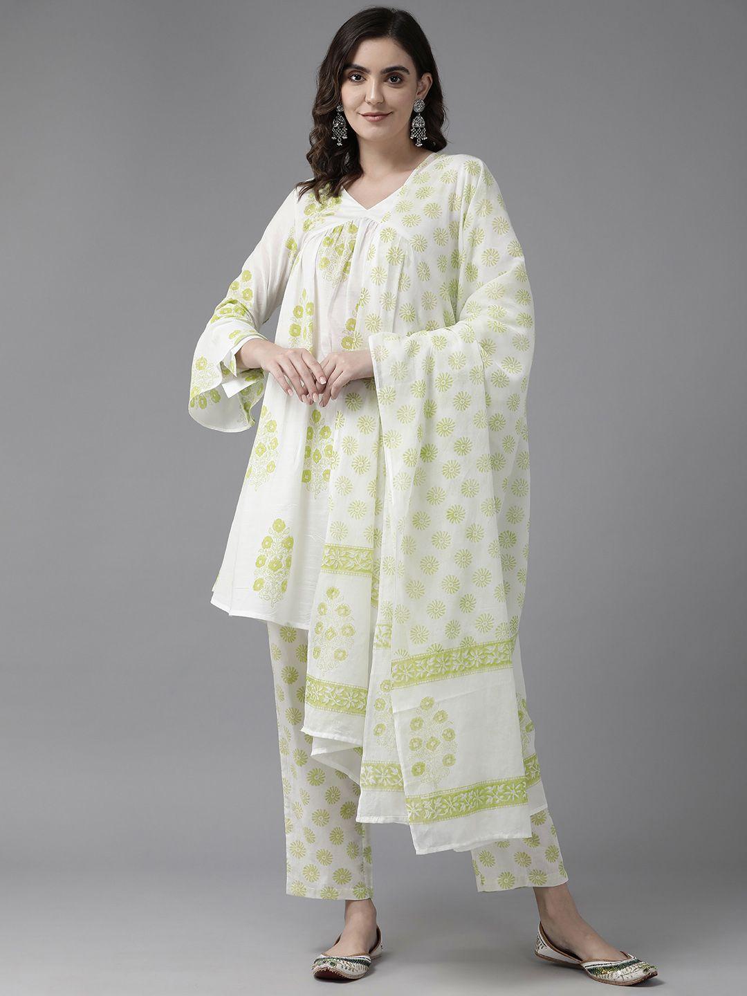 prakrti women floral printed mirror work pure cotton kurti with trousers & with dupatta