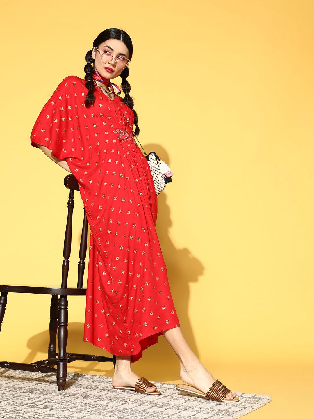 prakrti women gorgeous red ethnic motifs new age kaftan dress