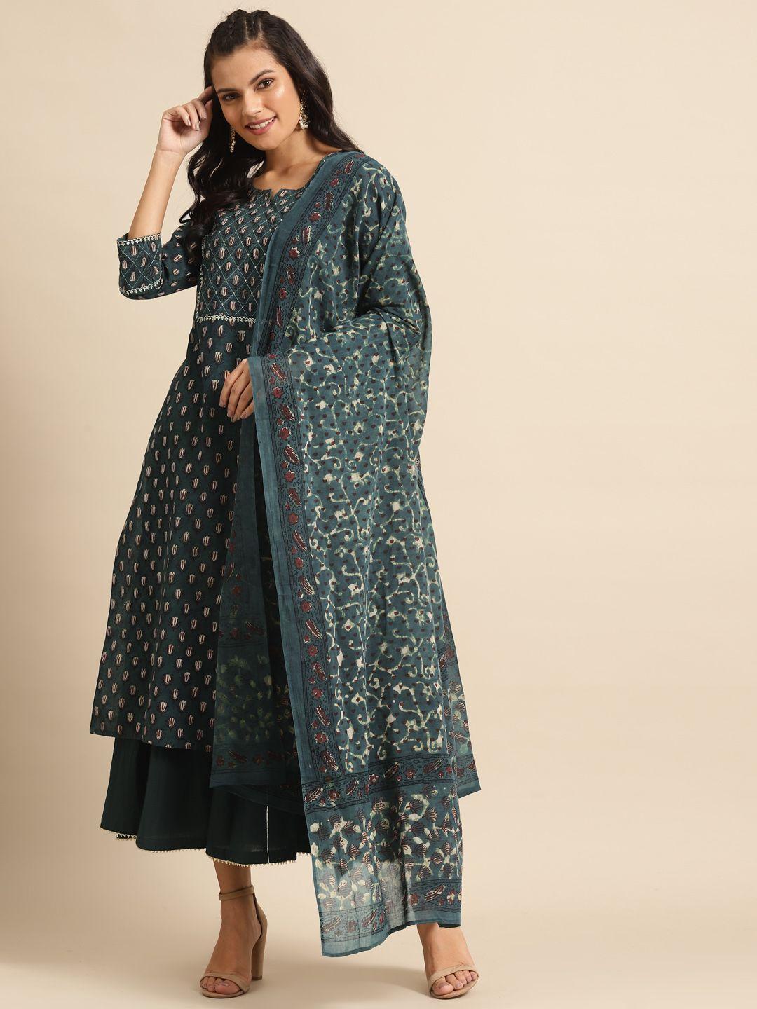 prakrti women green & beige handblock ajrakh print kurta with palazzos & dupatta