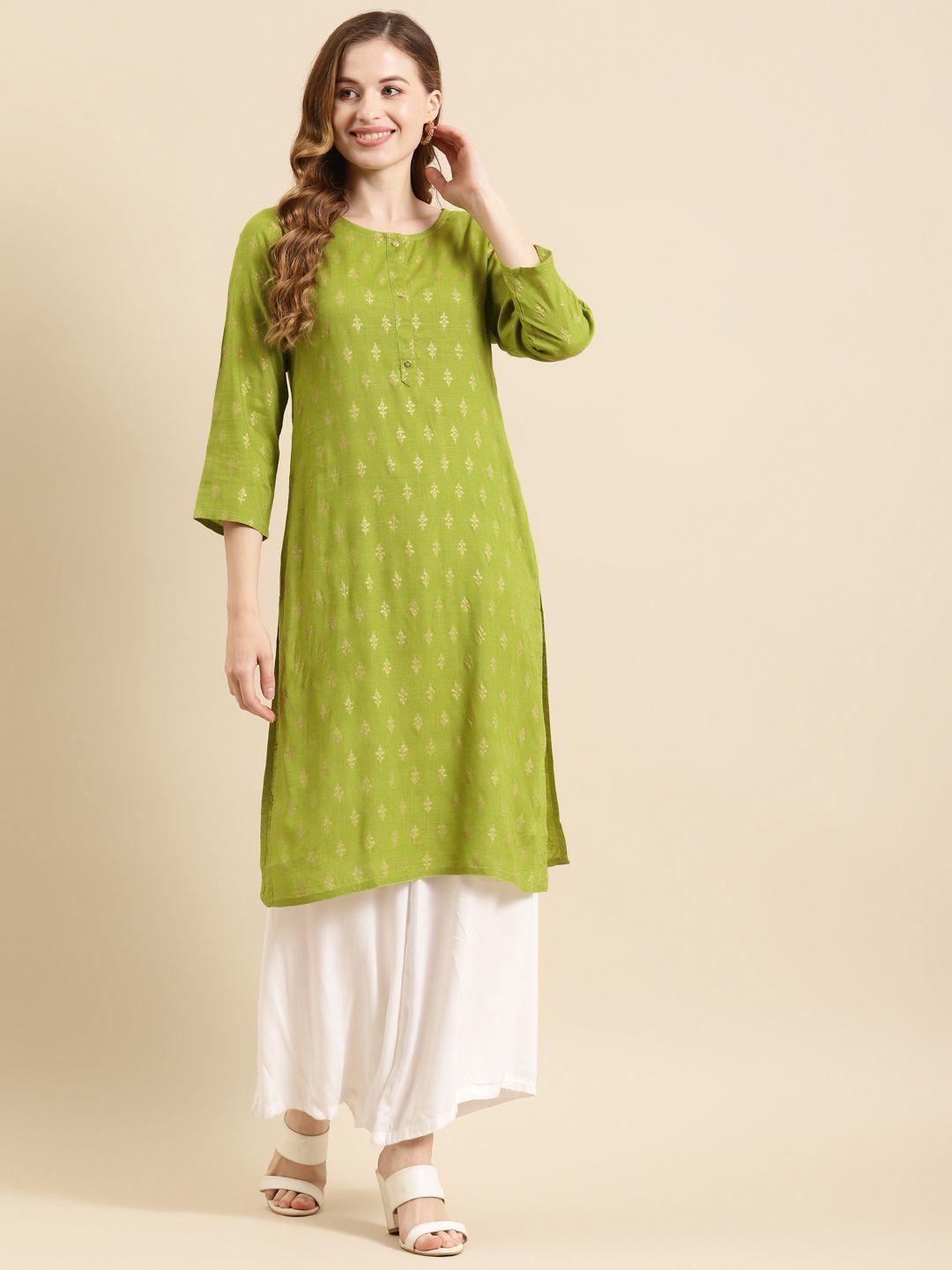 prakrti women green & gold-toned floral print kurta