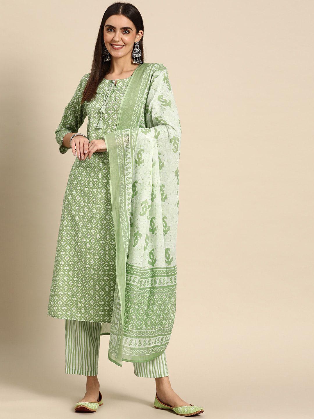 prakrti women green ethnic motifs printed pure cotton kurta with trousers & with dupatta