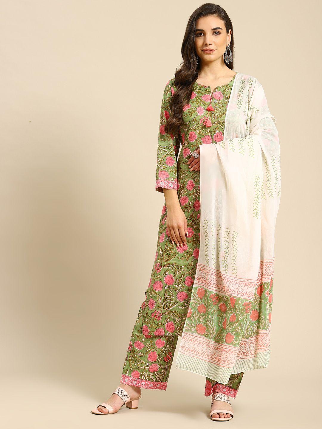 prakrti women green handblock floral print pure cotton kurta with trousers & dupatta