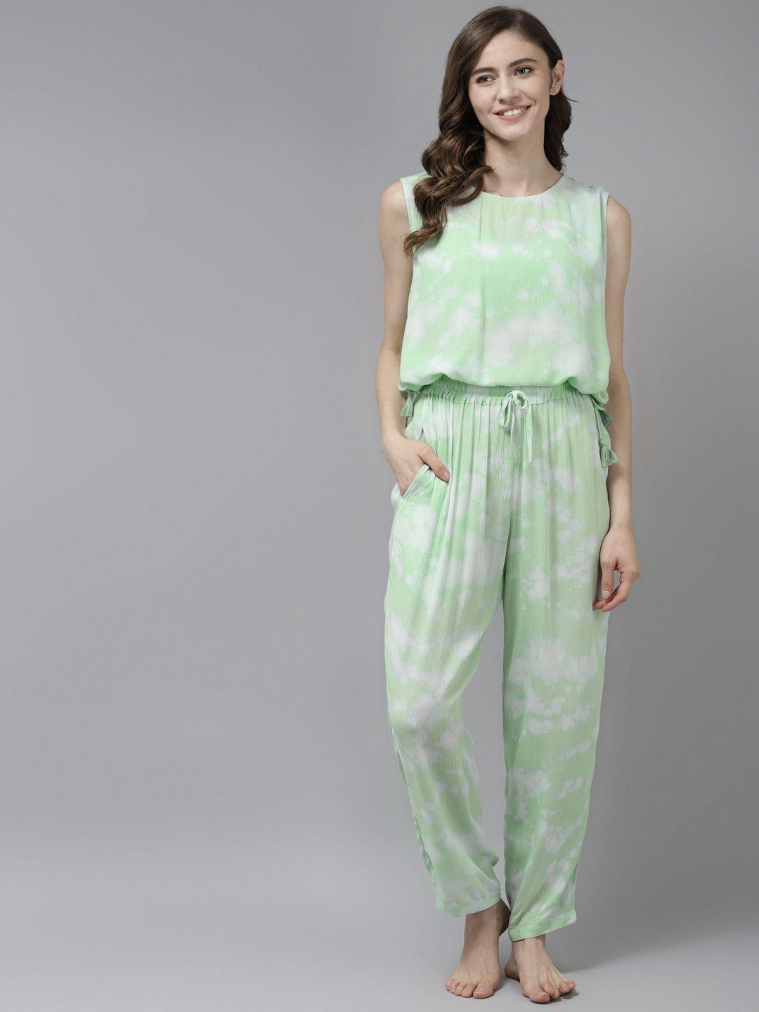 prakrti women green tie & dye printed 3 piece night suit