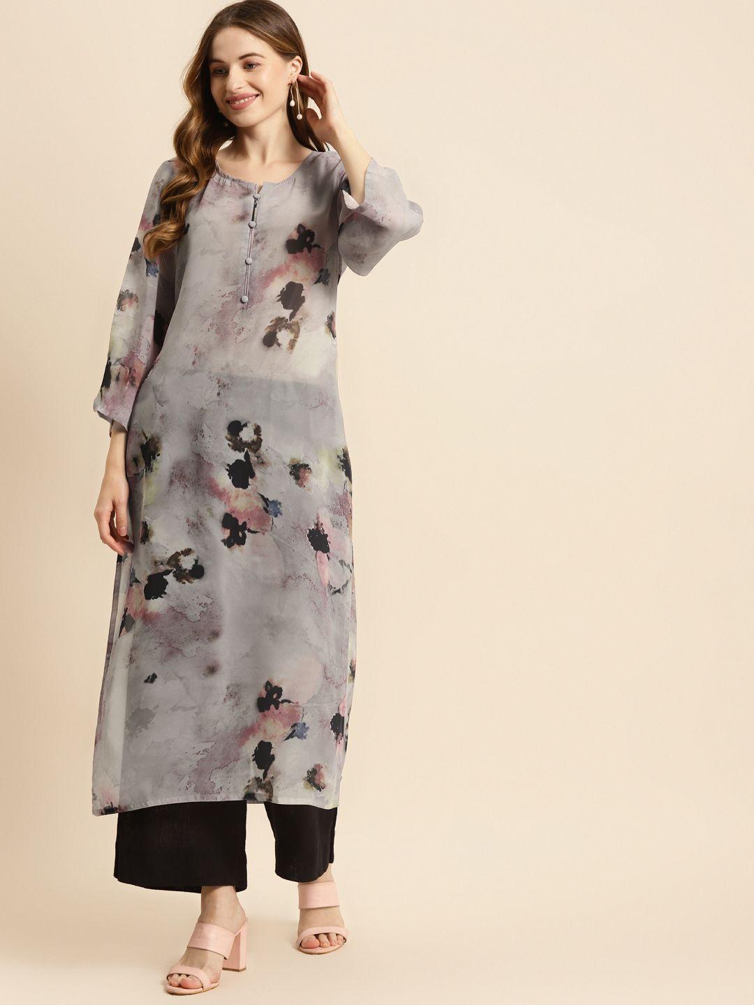 prakrti women grey & black abstract print georgette kurta