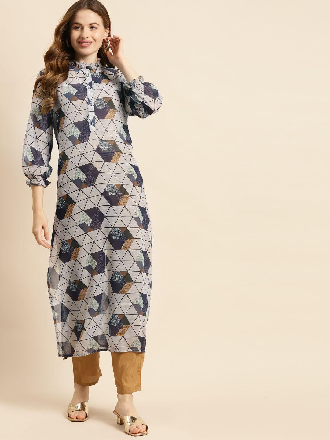 prakrti women grey & navy blue geometric printed kurta