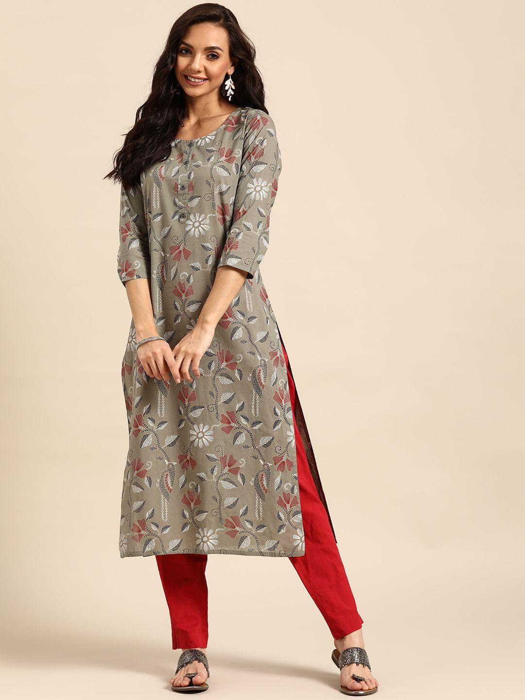 prakrti women grey & navy blue pure cotton handblock print kurta