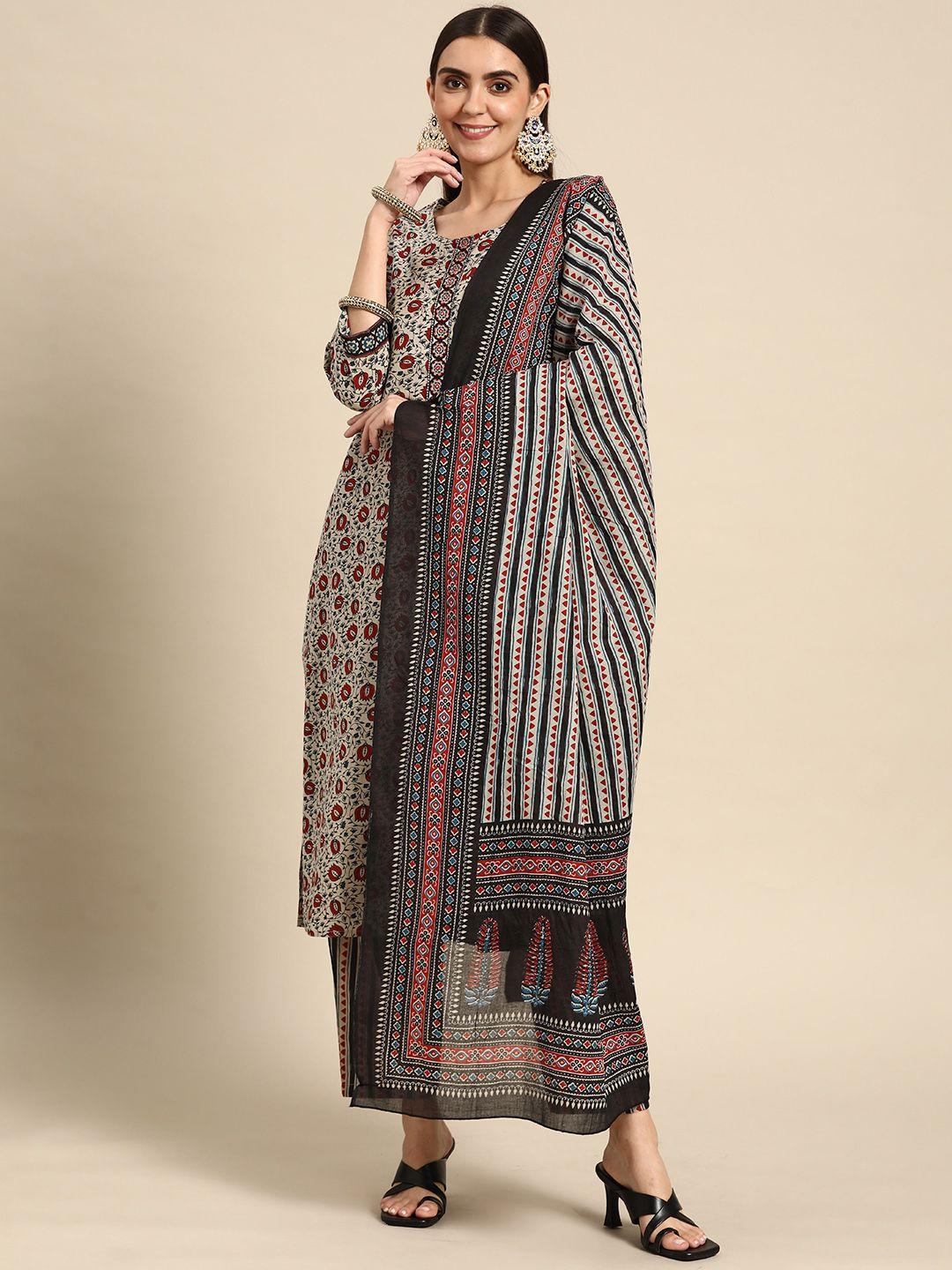 prakrti women grey pure cotton ethnic motifs printed kurta with trousers & dupatta