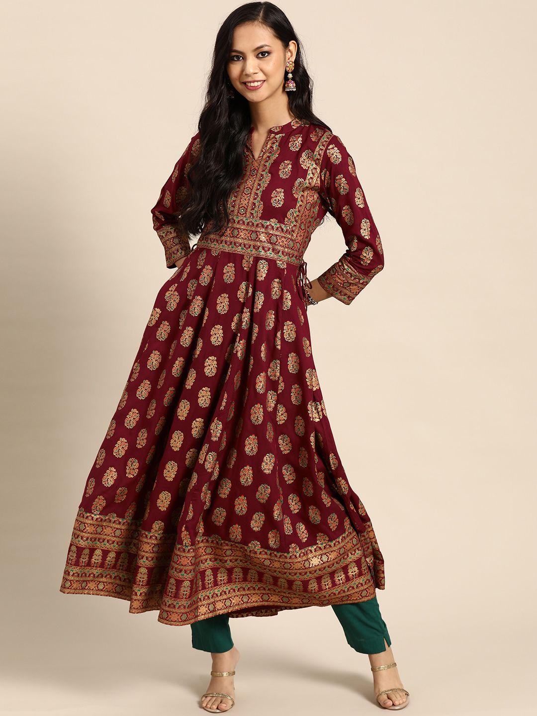 prakrti women maroon & golden ethnic motifs hand block printed mirror work anarkali kurta