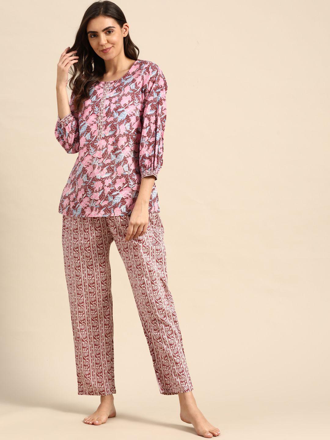 prakrti women maroon & pink printed cotton night suit