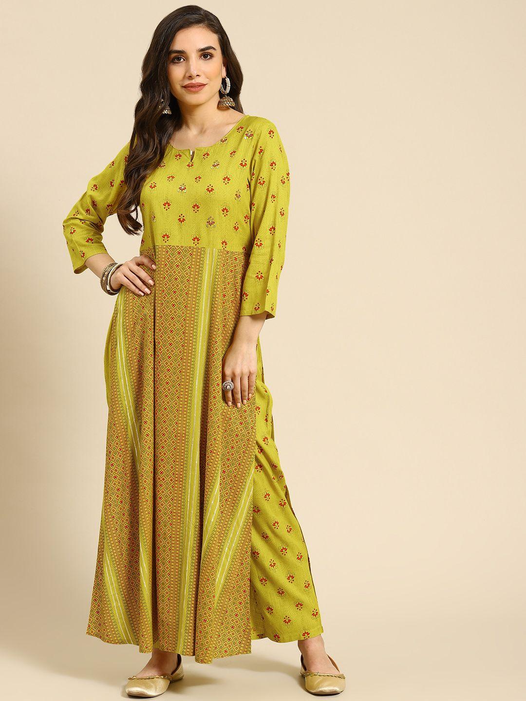 prakrti women mustard yellow & brown floral print high slit fusion kurta with trousers