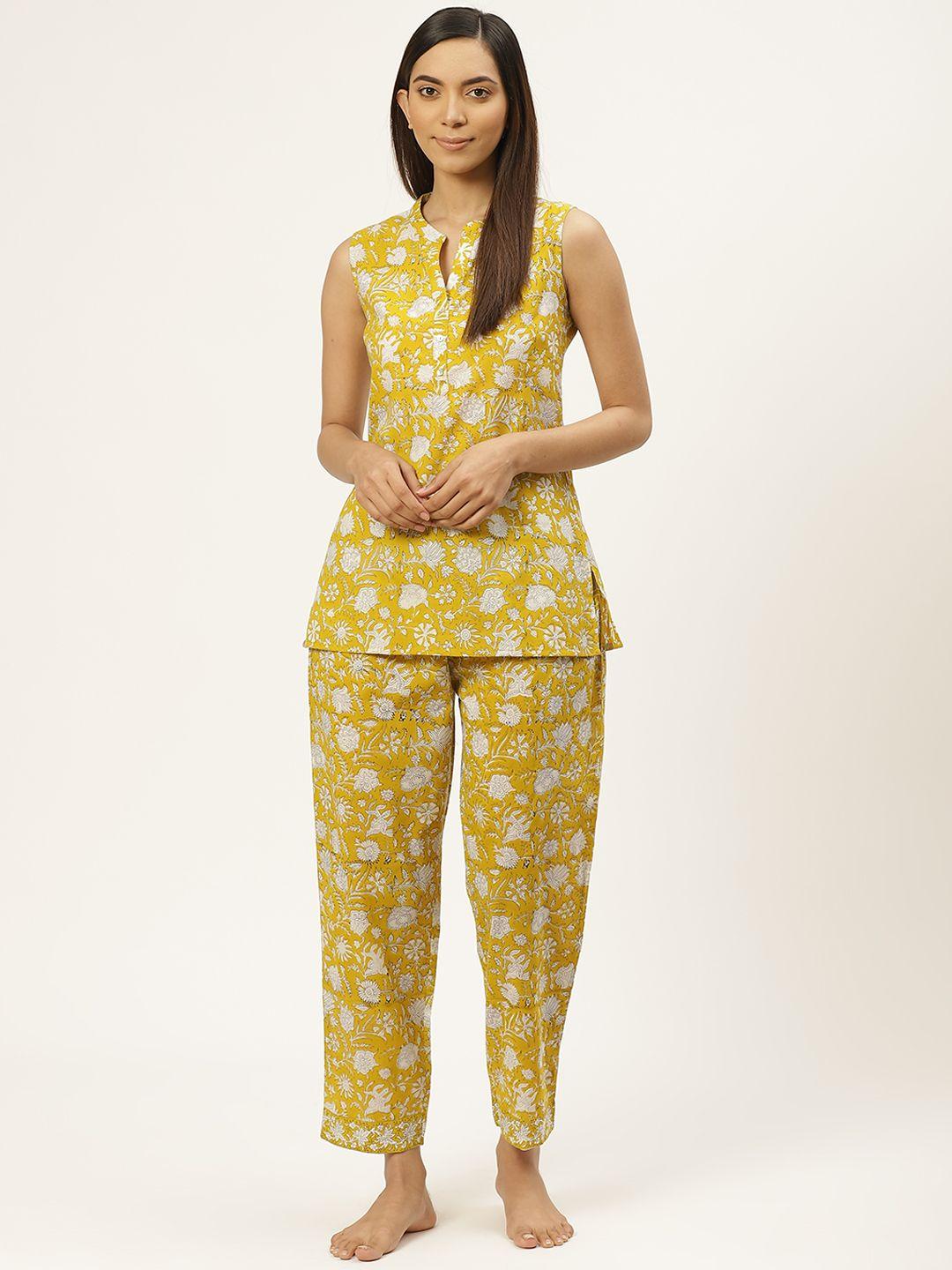 prakrti women mustard yellow & off-white pure cotton handblock print sustainable night suit