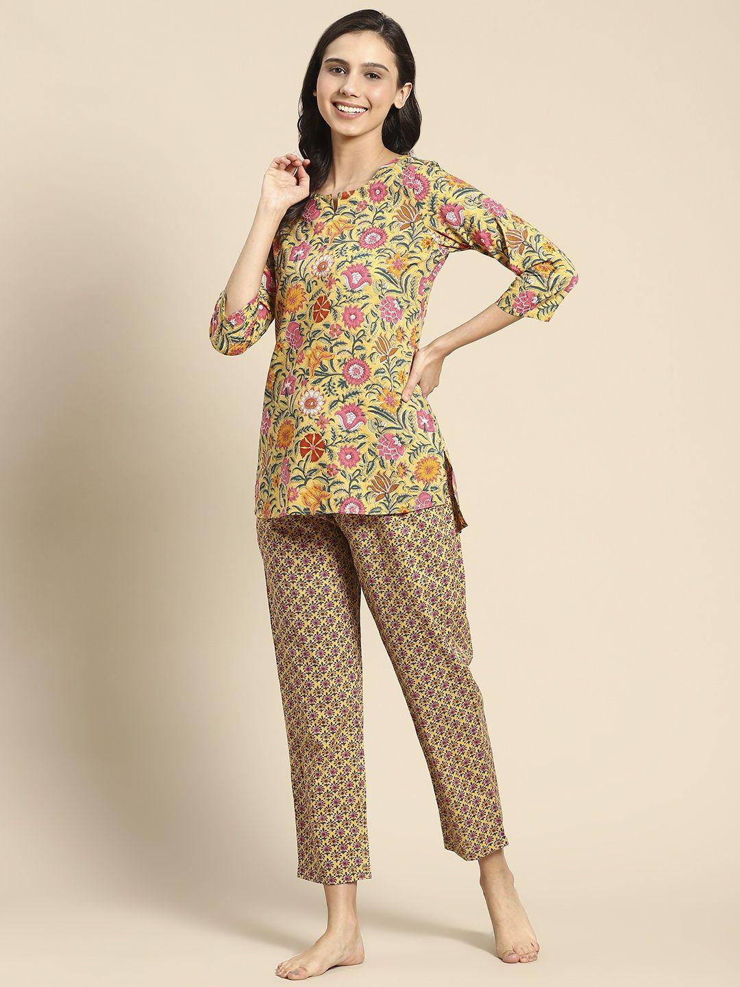 prakrti women mustard yellow & pink pure cotton printed night suit