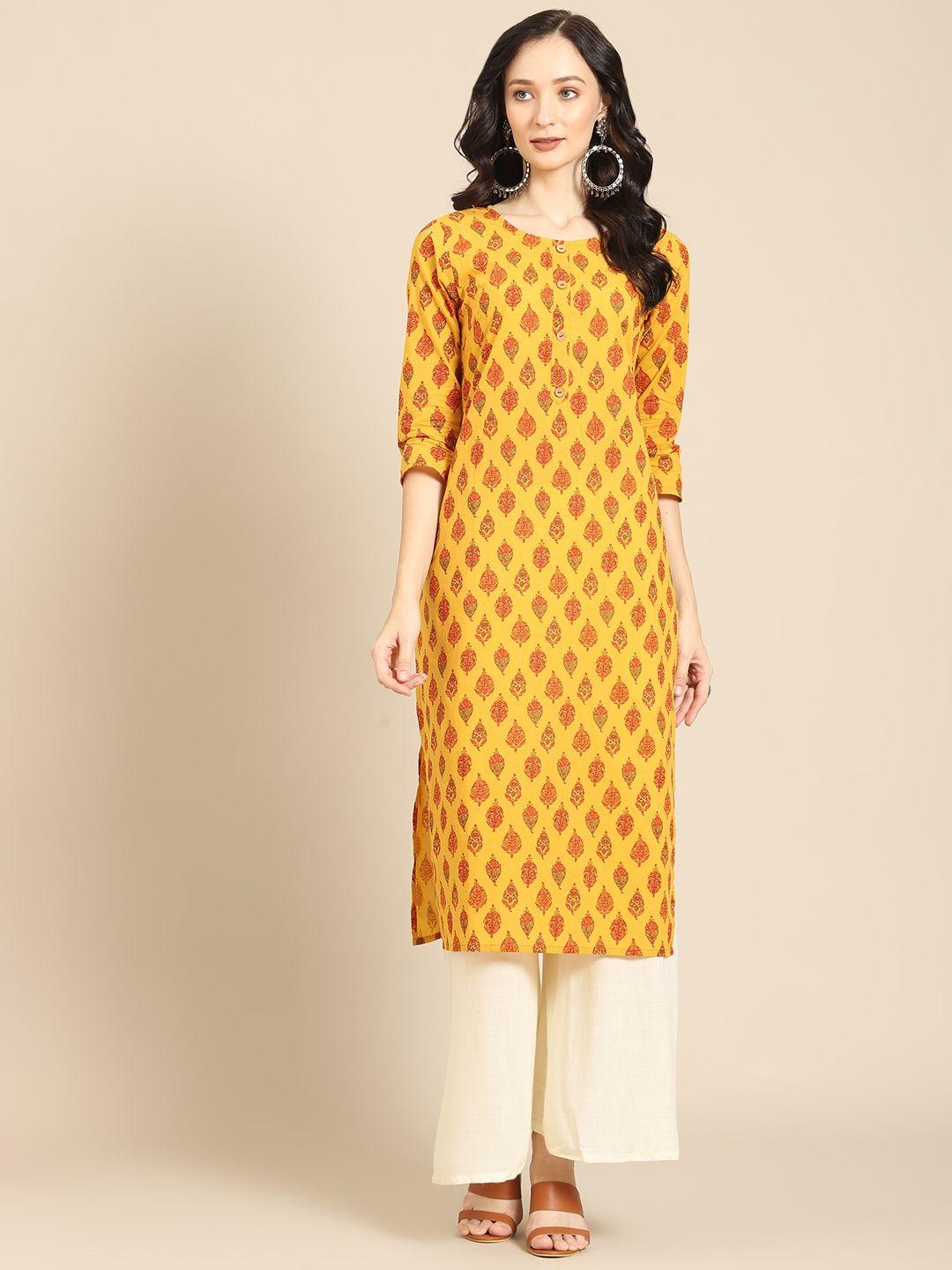 prakrti women mustard yellow & red ethnic motifs printed kurta