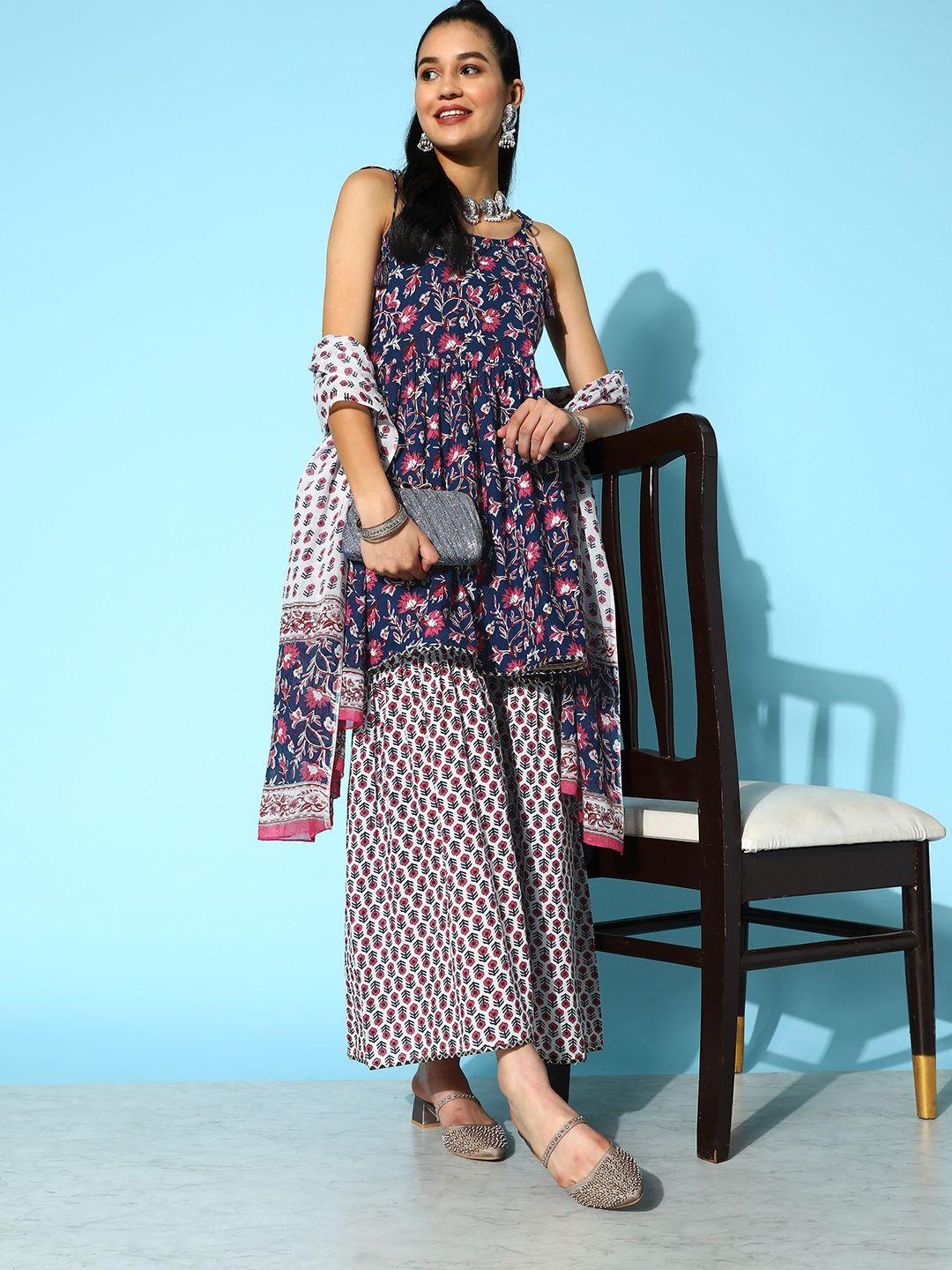 prakrti women navy blue floral printed pleated pure cotton kurti with sharara & with dupatta