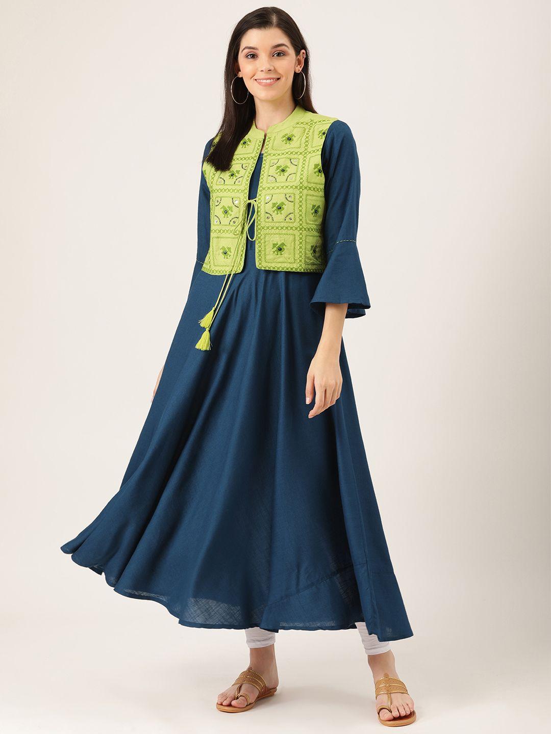 prakrti women navy blue solid a-line asymmetric kurta with embroidered jacket