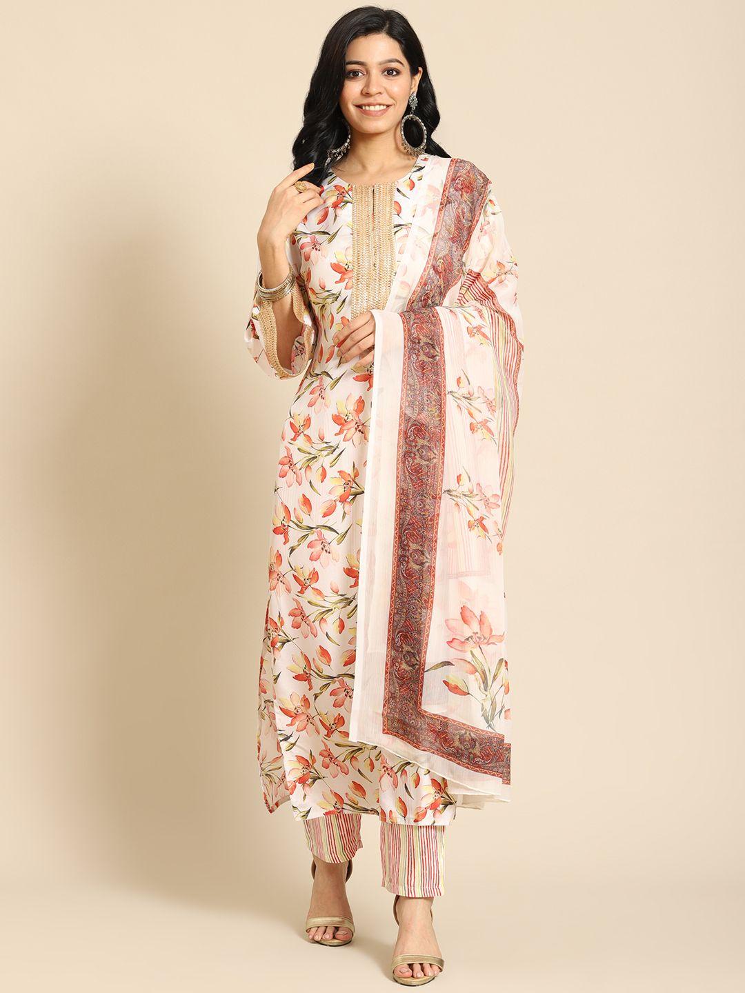 prakrti women off white floral printed regular kurta with trousers & with dupatta