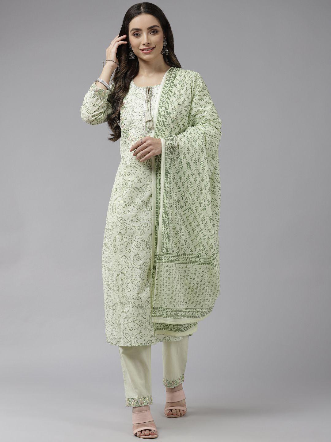 prakrti women olive green ethnic motifs printed cotton kurta with trousers & dupatta