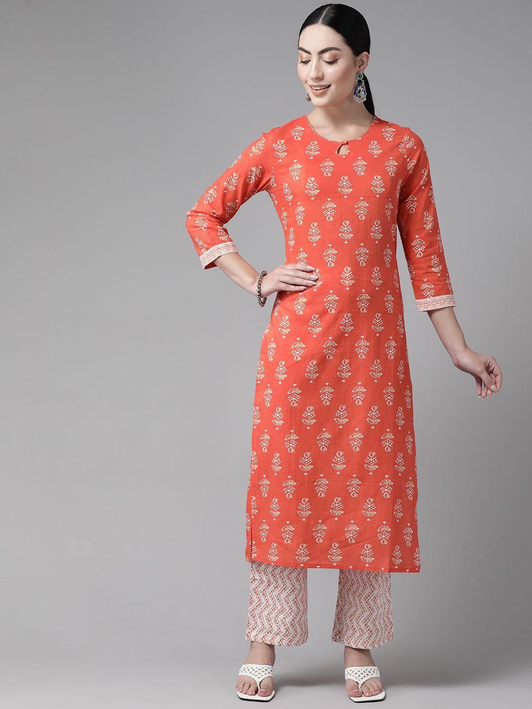 prakrti women orange ethnic motifs printed pure cotton kurta with trousers