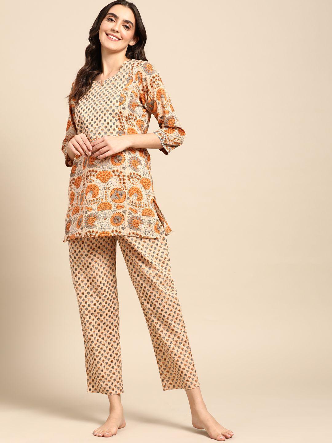 prakrti women peach-coloured & orange printed pure cotton night suit