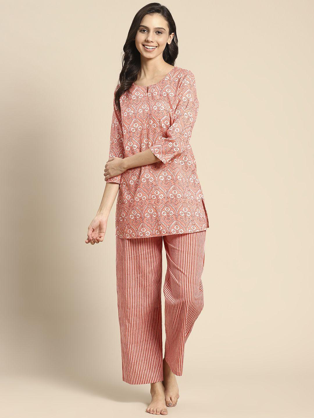 prakrti women peach-coloured & red printed pure cotton night suit