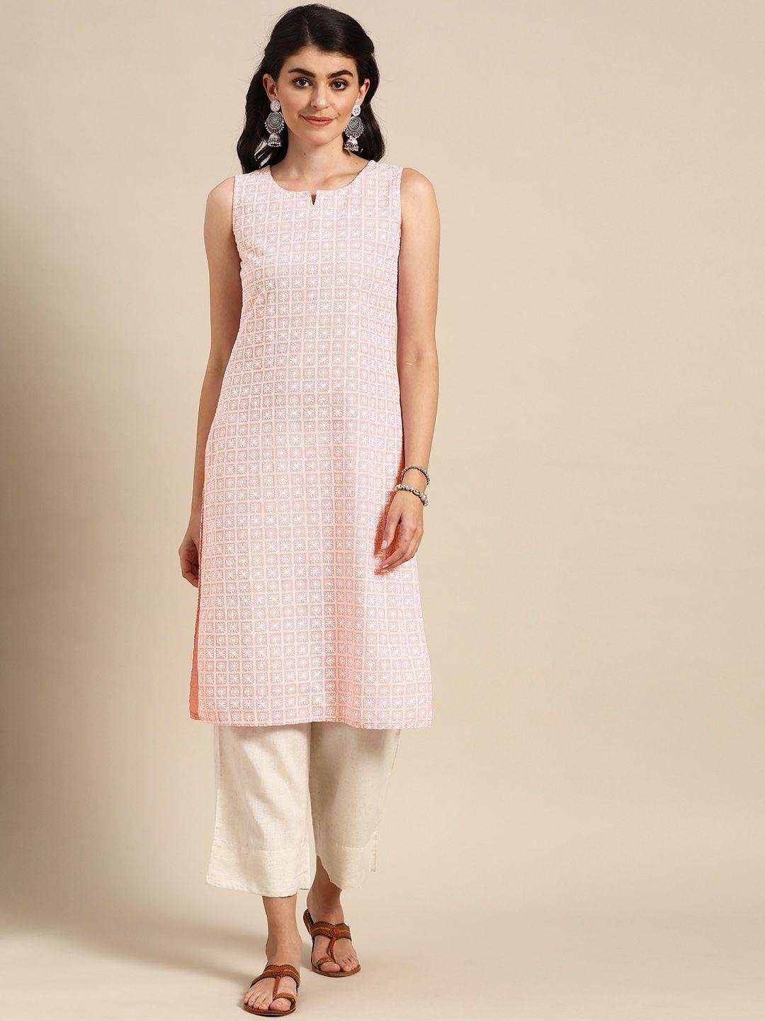 prakrti women peach-coloured & white chikankari embroidered pure cotton kurta