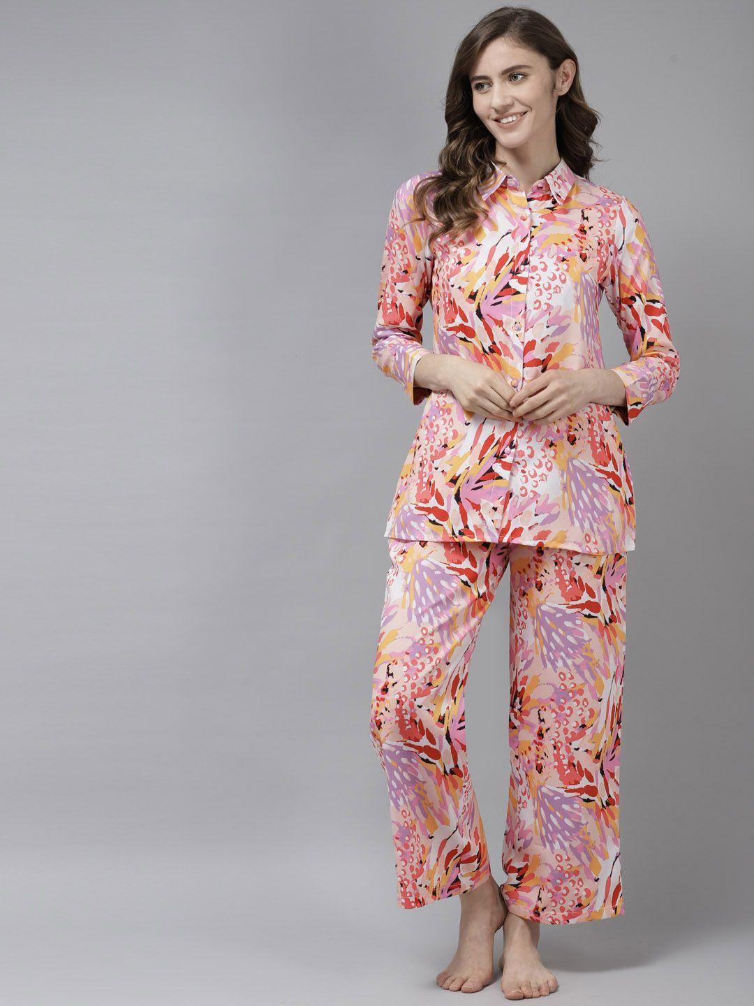 prakrti women peach-coloured & yellow printed 3 piece night suit