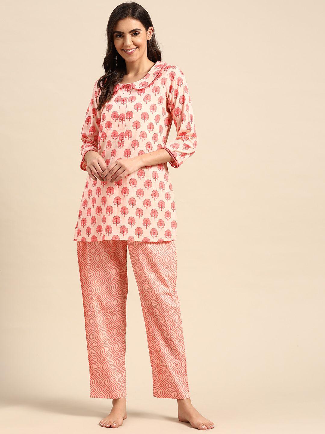 prakrti women peach-coloured printed cotton night suit