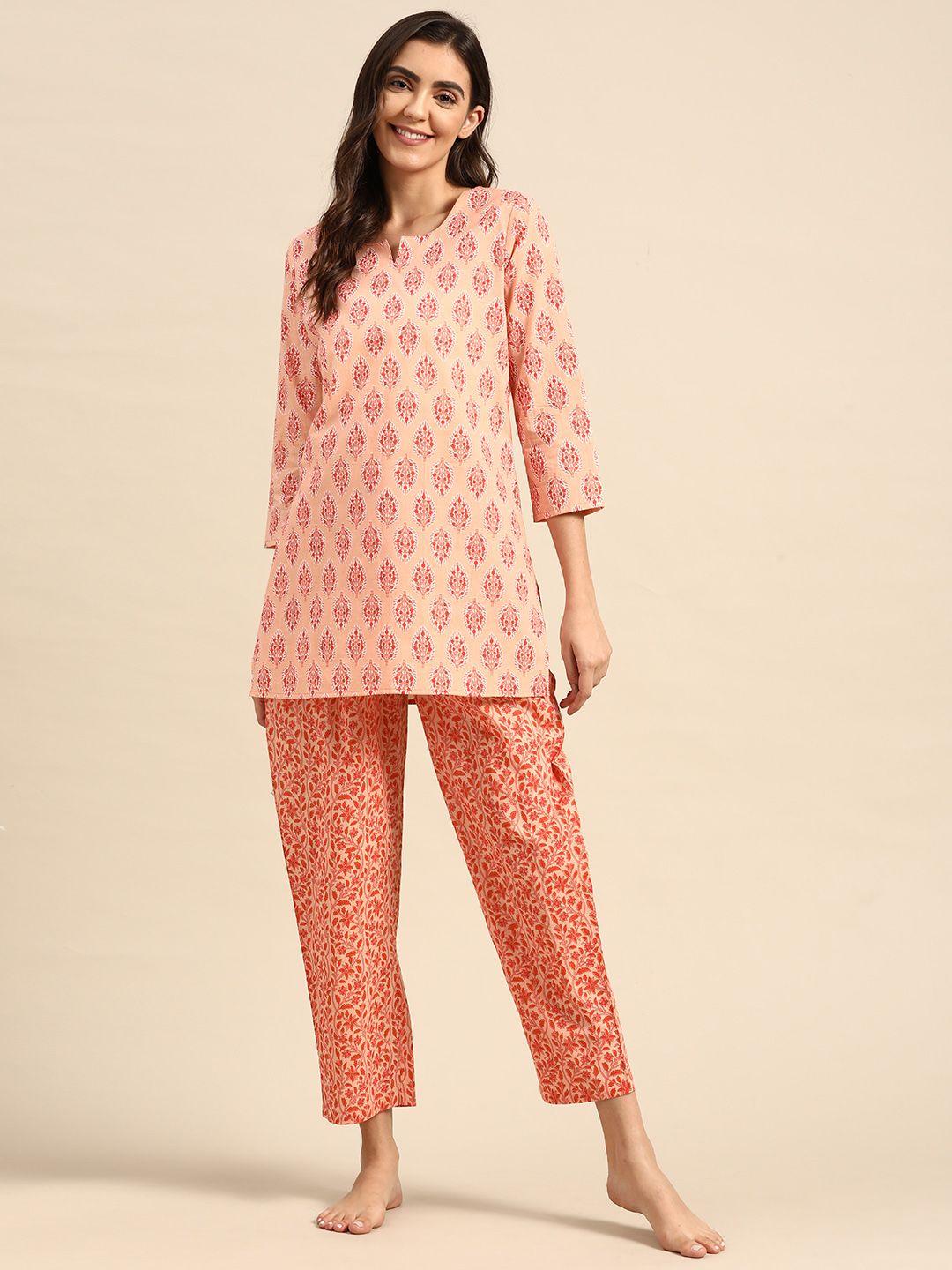 prakrti women peach-coloured printed cotton night suit