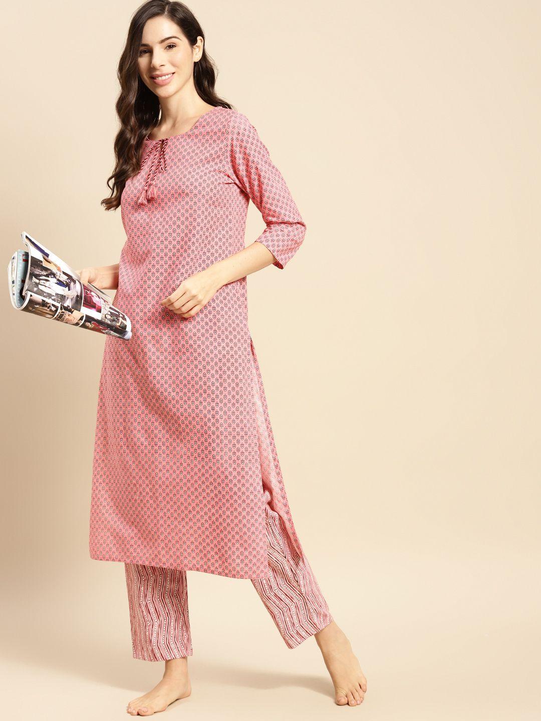 prakrti women peach-coloured printed cotton night suit