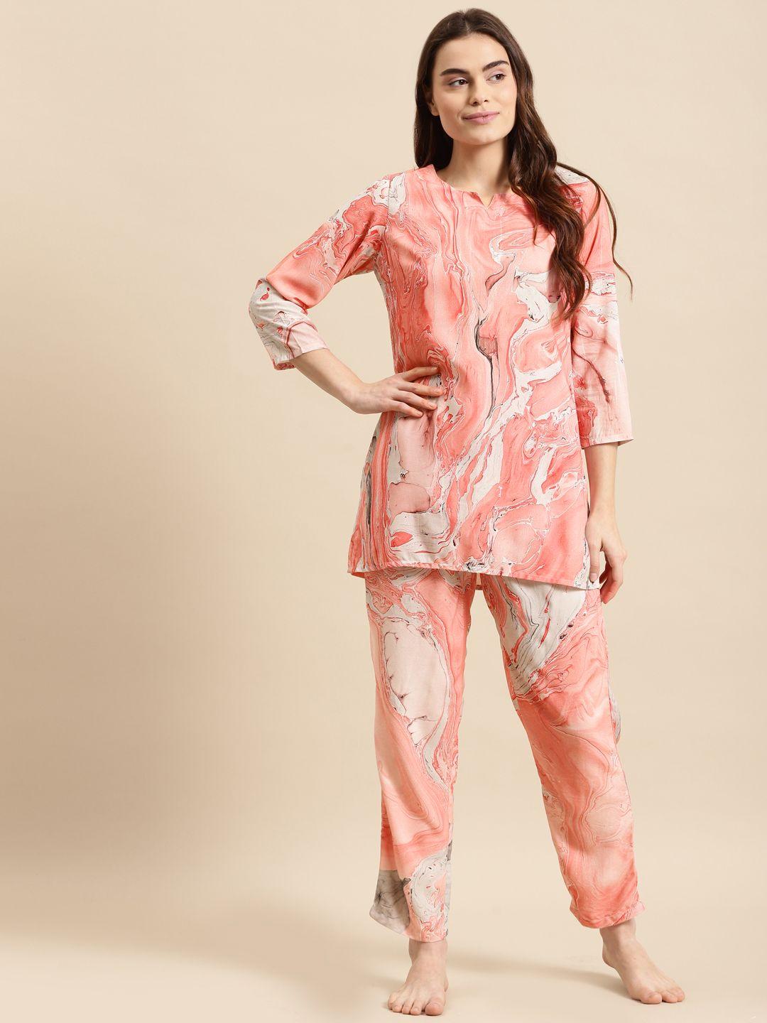 prakrti women peach-coloured printed night suit